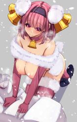 Rule 34 | 1girl, absurdres, bell, black footwear, black hairband, blush, bob cut, breasts, choker, christmas, closed mouth, collarbone, elbow gloves, gloves, grey background, hair bell, hair ornament, hairband, heavy breathing, highres, huge breasts, kneeling, large areolae, large nipples, looking at viewer, mary janes, neck bell, nipples, original, pink choker, pink gloves, pink hair, pink thighhighs, pom pom (clothes), red eyes, shoes, simple background, smile, snowing, solo, thighhighs, yukito (dreamrider)