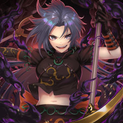 Rule 34 | 1girl, arm ribbon, arm up, back bow, black gloves, black shirt, bow, gloves, grey eyes, grey hair, himemushi momoyo, holding, holding pickaxe, holding shovel, jewelry, lips, long hair, looking at viewer, messy hair, midriff, navel, o-ring, open mouth, orange bow, orange ribbon, orange sash, parted bangs, pickaxe, re (re 09), ribbon, ring, serious, shirt, short sleeves, shovel, skirt, skirt set, solo, stomach, strap, teeth, toenails, toes, tongue, touhou, upper body, upper teeth only