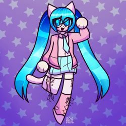 Rule 34 | 1girl, :3, animal ears, aqua hair, blue eyes, blue hair, blue skirt, boots, cat ears, cat girl, cat tail, cross-laced footwear, gradient background, hatsune miku, heart, highres, jacket, knee boots, lace-up boots, leg up, long hair, necktie, open mouth, paw pose, pink footwear, pink jacket, pleated skirt, signature, skirt, solo, springy, standing, star (symbol), starry background, tail, thighhighs, twintails, very long hair, vocaloid