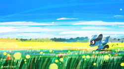 amelicart arms_behind_back cloud creatures_(company) day field flower flower_field from_side game_freak gen_4_pokemon highres nintendo no_humans outdoors pokemon pokemon_(creature) profile red_eyes riolu running signature sky solo yellow_flower