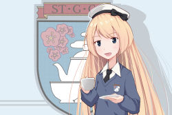 Rule 34 | 10s, 1girl, alternate costume, artist request, bad id, bad pixiv id, blonde hair, blouse, cup, emblem, girls und panzer, hat, highres, jervis (kancolle), kantai collection, long hair, saucer, school uniform, shirt, st. gloriana&#039;s (emblem), st. gloriana&#039;s school uniform, standing, tagme, teacup, v-neck, very long hair, white hat, white shirt
