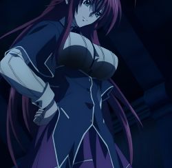Rule 34 | 10s, 1girl, absurdres, breasts, green eyes, hand on own hip, high school dxd, highres, kuoh academy school uniform, large breasts, long hair, red hair, rias gremory, school uniform, skirt, smile, solo, standing, stitched, third-party edit