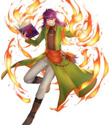 Rule 34 | 1boy, black shirt, book, boots, brown footwear, coat, fire, fire emblem, fire emblem: the binding blade, fire emblem heroes, green coat, hairband, highres, holding, holding book, hugh (fire emblem), ichibi, long hair, long sleeves, looking at viewer, male focus, nintendo, non-web source, official art, open clothes, open coat, pants, purple eyes, purple hair, red sash, sash, shirt, solo, transparent background, white pants