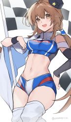 Rule 34 | 1girl, absurdres, alternate costume, bad anatomy, black hat, blue shorts, blush, breasts, brown eyes, brown hair, checkered flag, clothes writing, feet out of frame, flag, hair between eyes, hat, highres, kantai collection, long hair, low twintails, medium breasts, midriff, navel, one-hour drawing challenge, open mouth, picoli1313, race queen, short shorts, shorts, simple background, smile, solo, tashkent (kancolle), thighhighs, twintails, twitter username, white background, white thighhighs