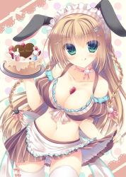 Rule 34 | 1girl, :q, animal ears, apron, bare shoulders, blush, braid, breasts, brown hair, cake, choker, cleavage, clothes lift, detached sleeves, food, fruit, green eyes, hair ornament, hair ribbon, hairclip, large breasts, long hair, looking at viewer, maid headdress, midriff, navel, original, rabbit ears, ribbon, ribbon choker, skirt, skirt lift, smile, solo, strawberry, striped, thighhighs, tongue, tongue out, twin braids, vertical stripes, waist apron, white thighhighs, yukie (peach candy)