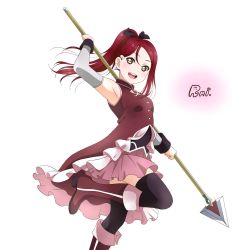 Rule 34 | 1girl, :d, arm up, armpits, black ribbon, black thighhighs, boots, breasts, cosplay, detached sleeves, floating hair, hair ornament, hair ribbon, hairclip, high ponytail, highres, holding, holding weapon, leg up, long hair, looking at viewer, love live!, love live! school idol festival, love live! sunshine!!, mahou shoujo madoka magica, mahou shoujo madoka magica (anime), miniskirt, name connection, open mouth, pink skirt, polearm, red footwear, red hair, ribbon, sakura kyoko (cosplay), sakura kyoko, sakurauchi riko, simple background, skirt, small breasts, smile, solo, spear, standing, standing on one leg, teeth, thighhighs, upper teeth only, weapon, white background, yellow eyes