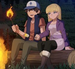 Rule 34 | 1boy, 1girl, baseball cap, blonde hair, blue eyes, blunt bangs, boots, brown eyes, brown hair, commentary, dipper pines, earrings, embers, english commentary, fire, food, grass, gravity falls, hat, highres, holding, holding stick, jewelry, jourd4n, log, long hair, looking at another, makeup, marshmallow, night, open mouth, pacifica northwest, pants, s&#039;more, shirt, short hair, side-by-side, sideways glance, sitting on log, stick, sweatdrop, sweater, teeth, upper teeth only