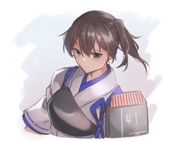 Rule 34 | 1girl, bad id, bad pixiv id, brown eyes, brown hair, closed mouth, flight deck, hair between eyes, highres, japanese clothes, kaga (kancolle), kantai collection, knt02142769, muneate, ponytail, side ponytail, signature, simple background, solo, tasuki, upper body