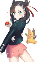 Rule 34 | 1girl, bad id, bad pixiv id, black hair, black jacket, closed mouth, creatures (company), dress, earrings, game freak, gen 8 pokemon, green eyes, hair ribbon, hand up, holding, holding poke ball, jacket, jewelry, long hair, long sleeves, looking at viewer, looking to the side, marnie (pokemon), morpeko, morpeko (full), nintendo, pink dress, poke ball, poke ball (basic), pokemon, pokemon (creature), pokemon swsh, red ribbon, ribbon, simple background, teeth, tongue, tongue out, twintails, upper teeth only, v-shaped eyebrows, w.k, white background
