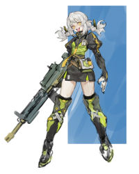 Rule 34 | 1girl, belt, belt pouch, black footwear, black thighhighs, bright pupils, green footwear, grey hair, gun, hair ribbon, highres, holding, holding gun, holding weapon, huge weapon, id card, long hair, looking at viewer, multicolored footwear, open mouth, original, pouch, puffy sleeves, ribbon, sketch, solo, teeth, thighhighs, tongue, tongue out, twintails, upper teeth only, weapon, white pupils, yellow eyes, zero q 0q