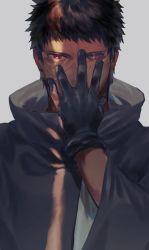 Rule 34 | 1boy, black gloves, black hair, covering own mouth, gloves, gradient background, grey background, hand up, high collar, highres, hiraruka06, long sleeves, looking at viewer, male focus, naruto, naruto (series), naruto shippuuden, red eyes, rinnegan, scar, scar on face, sharingan, short hair, solo, spiked hair, uchiha obito