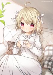 Rule 34 | 1girl, absurdres, ahoge, blonde hair, blush, bow, braid, chestnut mouth, commentary request, couch, cup, dress, feet out of frame, hair between eyes, hair bow, highres, holding, holding cup, kohaku muro, long hair, long sleeves, looking at viewer, mug, nightgown, on couch, original, parted lips, pillow, red eyes, sitting, solo, steam, stuffed animal, stuffed toy, teddy bear, twitter username, very long hair, white bow, white dress