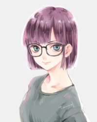 Rule 34 | 1girl, blue eyes, breasts, chrono trigger, closed mouth, glasses, looking at viewer, lucca ashtear, purple hair, short hair, simple background, smile, solo, takanamushi