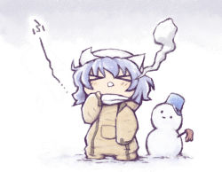 Rule 34 | &gt; &lt;, 1girl, arm up, blush stickers, bucket, chibi, coat, closed eyes, female focus, giving up the ghost, hat, letty whiterock, nekoguruma, open mouth, scarf, short hair, snow, snowman, solo, touhou