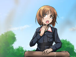 Rule 34 | 1girl, blue jacket, blue sky, blurry, blurry background, brown eyes, brown hair, clear sky, commentary request, day, frown, girls und panzer, green shirt, hand on own throat, jacket, kabutowari, long sleeves, looking to the side, military uniform, nishizumi miho, ooarai military uniform, open mouth, outdoors, partial commentary, shirt, short hair, sky, smoke, solo, tank cupola, throat microphone, uniform