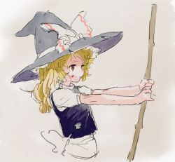 Rule 34 | 1girl, apron, blonde hair, broom, brown eyes, hat, hat ribbon, image sample, kirisame marisa, long hair, looking away, motsuni (artist), outstretched arms, puffy sleeves, ribbon, shirt, short sleeves, solo, torn clothes, torn shirt, touhou, turtleneck, upper body, vest, waist apron, witch hat