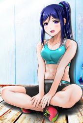 Rule 34 | 1girl, abs, absurdres, blue hair, blush, breasts, highres, crossed legs, long hair, looking at viewer, love live!, love live! school idol project, love live! sunshine!!, matsuura kanan, medium breasts, midriff, navel, open mouth, ponytail, purple eyes, running, shoes, sitting, smile, solo, sports bra, tagme, toned, user ztmy5535
