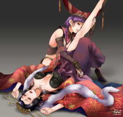 Rule 34 | 2girls, animal ears, black hair, braid, breasts, cleavage, da ji, detached sleeves, earrings, hair ornament, hat, highres, holding another&#039;s foot, jewelry, kanzashi, large breasts, multiple girls, musou orochi, musou orochi 2 ultimate, purple hair, reef (sanomsai products), signature, tamamo no mae, tamamo no mae (musou orochi 2 ultimate), yuri