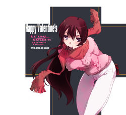 Rule 34 | 00s, 1girl, 2008, blush, brown hair, character name, chocolate, copyright name, happy valentine, leaning forward, long hair, mouth hold, nagare hyougo, pants, purple eyes, red scarf, scarf, solo, sweater, thigh gap, true tears, valentine, yuasa hiromi