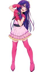 Rule 34 | 1girl, boots, full body, gloves, hair ornament, head tilt, highres, holding, holding microphone, hoshino ai (oshi no ko), idol, idol clothes, long hair, microphone, multicolored hair, open mouth, oshi no ko, pink footwear, pink gloves, pink hair, pink shirt, pink skirt, purple eyes, purple hair, rabbit hair ornament, roln las, shirt, short sleeves, simple background, skirt, solo, standing, star-shaped pupils, star (symbol), streaked hair, symbol-shaped pupils, teeth, thigh boots, thighhighs, upper teeth only, v, white background, zettai ryouiki