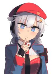 Rule 34 | + +, 1girl, beret, black necktie, blue eyes, blue jacket, breasts, closed mouth, finger to mouth, flower-shaped pupils, girls&#039; frontline, grey hair, hair ornament, hat, hat ornament, headphones, highres, hinami047, jacket, long hair, looking at viewer, necktie, open clothes, open jacket, ots-12 (girls&#039; frontline), red hat, russian flag, solo, soviet flag, star-shaped pupils, star (symbol), star hair ornament, star hat ornament, symbol-shaped pupils, white background