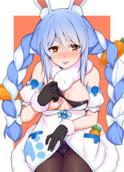 Rule 34 | 1girl, absurdres, animal ear fluff, animal ears, black gloves, blue hair, blush, braid, breasts, carrot, carrot hair ornament, closed mouth, coat, don-chan (usada pekora), food-themed hair ornament, fur trim, gloves, hair ornament, heart, heart-shaped pupils, highres, hololive, leotard, long braid, long hair, medium breasts, multicolored hair, noragami sota, orange background, orange eyes, pantyhose, playboy bunny, rabbit ears, rabbit girl, scarf, simple background, solo, symbol-shaped pupils, thick eyebrows, tongue, tongue out, twin braids, two-tone hair, undressing, usada pekora, usada pekora (1st costume), very long hair, virtual youtuber, white coat, white hair
