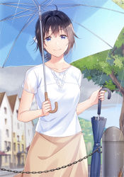 Rule 34 | 1girl, ahoge, black hair, blue eyes, blue umbrella, blurry, blurry background, breasts, brown skirt, chain, closed mouth, closed umbrella, commentary request, day, depth of field, hair between eyes, hair intakes, highres, holding, holding umbrella, looking at viewer, mono lith, original, outdoors, rain, see-through, shirt, short sleeves, skirt, small breasts, smile, solo, tree, umbrella, wet, wet clothes, wet shirt, white shirt