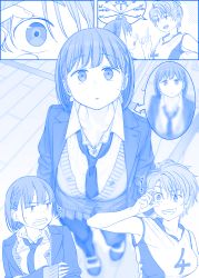 Rule 34 | 2girls, ai-chan (tawawa), basketball jersey, blue theme, breasts, cardigan, clenched teeth, collarbone, commentary request, covering breasts, covering privates, getsuyoubi no tawawa, highres, himura kiseki, large breasts, monochrome, multiple girls, necktie, popped collar, shoes, sweater, teeth, volley-bu-chan (tawawa)