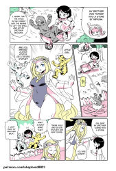 Rule 34 | !, !!, 2girls, alternate language, black hair, blonde hair, brother and sister, comic, folklore, goggles, goggles on head, gold, highres, honest axe, lady of the lake, laurel crown, limited palette, long hair, multiple girls, one-piece swimsuit, original, parody, patreon username, petrification, see-through, shepherd0821, siblings, silver, snake hair, swimsuit, very long hair, wheelbarrow