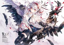 1boy belt bird black_shorts black_thighhighs bow capelet facial_mark feathers gloves hair_between_eyes headband highres holding holding_weapon male_focus original ozaki_domino red_eyes secretarybird shirt shorts solo thighhighs weapon white_hair white_shirt wings