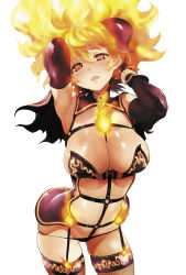 Rule 34 | 1girl, armpits, arms up, blonde hair, blush, breasts, cleavage, demon girl, elbow gloves, fiery hair, fire, fishnets, garter straps, gloves, horns, kousoku otome no seikatai, kyuujou hina, large breasts, long hair, looking at viewer, nekoi mie, official art, open mouth, orange eyes, simple background, solo, thighhighs