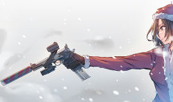 Rule 34 | 1girl, aiming, brown eyes, brown gloves, brown hair, commentary request, daito, from side, fur-trimmed headwear, fur-trimmed jacket, fur-trimmed sleeves, fur trim, gloves, grey background, gun, handgun, hat, holding, holding gun, holding weapon, jacket, long sleeves, looking at viewer, looking to the side, medium hair, original, pistol, profile, red hat, red jacket, santa costume, santa hat, snow, snowing, solo, suppressor, trigger discipline, weapon, weapon request, witness holes