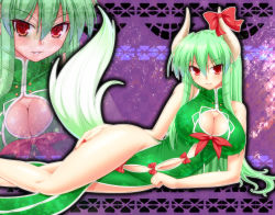 Rule 34 | 1girl, adapted costume, alternate costume, arm support, bare legs, bow, breasts, center opening, china dress, chinese clothes, cleavage, cleavage cutout, clothing cutout, dress, ex-keine, female focus, green hair, horn ornament, horn ribbon, horns, john (nakoto), kamishirasawa keine, large breasts, legs, long hair, looking at viewer, lying, nail polish, navel, no panties, on side, red eyes, red nails, ribbon, seductive smile, side slit, slit pupils, smile, solo, tail, touhou, tsurime, zoom layer