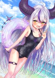 Rule 34 | 1girl, beach, blush, braid, collarbone, french braid, highres, hololive, horns, innertube, la+ darknesss, long hair, multicolored hair, open mouth, pointy ears, pupu ayaba, purple hair, school swimsuit, silver hair, solo, streaked hair, swim ring, swimsuit, tail, thigh strap, two-tone hair, very long hair, virtual youtuber, water, yellow eyes
