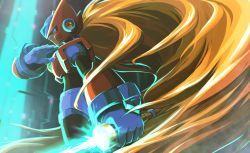 Rule 34 | 1boy, android, armor, blonde hair, blue eyes, blue gloves, commentary, energy sword, english commentary, from side, gloves, helmet, holding, holding sword, holding weapon, hoshi mikan, long hair, looking at viewer, male focus, mega man (series), mega man x (series), profile, red headwear, robot ears, serious, solo, standing, sword, very long hair, weapon, zero (mega man)