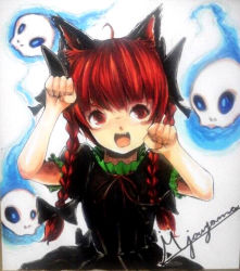 Rule 34 | 1girl, ahoge, animal ears, black bow, black dress, blush, bow, braid, cat ears, commentary request, dress, fang, floating skull, hair bow, jonasan (bad-t), kaenbyou rin, long hair, looking at viewer, open mouth, paw pose, puffy short sleeves, puffy sleeves, red eyes, red hair, shikishi, short sleeves, signature, simple background, smile, solo, touhou, traditional media, twin braids, upper body, white background