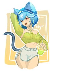 Rule 34 | 1girl, absurdres, alternate color, animal ear fluff, animal ears, bao (vtuber), bao (vtuber) (5th costume), blonde hair, breasts, cat girl, collar, collarbone, commentary, cup, drinking straw, english commentary, fangs, green tube top, heikevbo, highres, holding, holding cup, indie virtual youtuber, kemonomimi mode, medium breasts, multicolored hair, official alternate costume, open mouth, orange background, red eyes, saliva, short hair, skirt, smile, solo, strapless, streaked hair, tube top, virtual youtuber, white collar, white skirt
