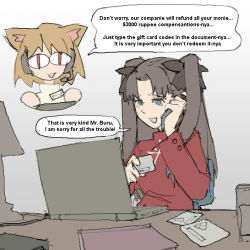 Rule 34 | 2girls, :3, :d, blonde hair, blue eyes, book, brown hair, card, chair, chibi, commentary, computer, credit card, desk, desk lamp, english commentary, english text, fate/stay night, fate (series), furrowed brow, grey background, hair ribbon, headset, highres, holding, holding card, holding phone, indian, inset, lamp, laptop, long hair, looking at viewer, multiple girls, name tag, neco-arc, office chair, open mouth, pantsu-ripper, phone, red eyes, red sweater, ribbon, scam, simple background, sitting, sketch, slit pupils, smile, sweater, swivel chair, tech support, tohsaka rin, tsukihime, turtleneck, turtleneck sweater, two side up, upper body