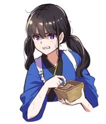 Rule 34 | 1girl, alternate hairstyle, angry, beans, black hair, blue kimono, box, bright pupils, commentary, double-parted bangs, frown, hair between eyes, holding, holding box, hyoe (hachiechi), inoue takina, japanese clothes, kimono, light blush, long hair, long sleeves, looking to the side, lycoris recoil, open mouth, purple eyes, setsubun, shaded face, sidelocks, simple background, solo, sweat, sweatdrop, twintails, upper body, v-shaped eyebrows, white background, white pupils, wide sleeves