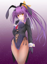 Rule 34 | 1girl, :o, ahoge, alternate costume, animal costume, animal ears, azur lane, black gloves, black jacket, black ribbon, blazer, blush, breasts, cleavage, clenched hand, commentary request, covered erect nipples, covered navel, cowboy shot, crop top, fake animal ears, formal, gloves, hair between eyes, hair ribbon, hand up, horns, isuzu (azur lane), isuzu (retrofit) (azur lane), jacket, leotard, long hair, long jacket, long sleeves, looking at viewer, medium breasts, midriff, midriff peek, navel, neckerchief, pantyhose, parted lips, playboy bunny, purple background, purple hair, purple suit, rabbit ears, red neckerchief, retrofit (azur lane), ribbon, simple background, solo, standing, suit, tagme, thighs, tomosuke, wide sleeves, yellow eyes, yellow ribbon