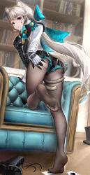 Rule 34 | 1girl, absurdres, animal ears, aqua bow, black panties, black pantyhose, bow, breasts, cat ears, cat girl, cat tail, couch, facial mark, facial tattoo, feet, genshin impact, gloves, highres, huge bow, legs, long hair, looking at viewer, looking back, lynette (genshin impact), medium breasts, panties, pantyhose, purple eyes, soles, solo, star (symbol), star facial mark, star tattoo, tail, tattoo, underwear, ushiko xiansheng, white hair