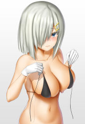 Rule 34 | 1girl, abukobato, bare shoulders, bikini, bikini top only, black bikini, blue eyes, blush, breasts, closed mouth, collarbone, gloves, hair ornament, hair over one eye, hairclip, hamakaze (kancolle), highres, kantai collection, large breasts, looking at viewer, micro bikini, navel, short hair, silver hair, simple background, solo, swimsuit, white background, white gloves