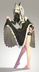 Rule 34 | absurdres, animal ears, arknights, ass, barefoot, black dress, black panties, black ribbon, cat ears, cat girl, clothes lift, dress, dress lift, from behind, full body, garter straps, green eyes, green hair, grey background, hair ribbon, highres, kal&#039;tsit (arknights), leaning forward, long sleeves, looking at viewer, maid, maid headdress, panties, ribbon, simple background, soles, standing, toes, underwear, yamauchi (conan-comy)