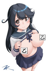 Rule 34 | 1girl, ahoge, alternate sleeve length, black hair, blue neckerchief, blue sailor collar, blue skirt, breasts, brown eyes, censored, censored nipples, clothes lift, commentary request, cowboy shot, from above, highres, kantai collection, large breasts, long hair, long sleeves, looking at viewer, neckerchief, novelty censor, sailor collar, shirt lift, simple background, skirt, smile, solo, standing, t2r, ushio (kancolle), white background