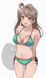 Rule 34 | 1girl, arms behind back, bikini, bow, breasts, collarbone, commentary request, cowboy shot, green bikini, grey background, grey hair, hair bow, halterneck, long hair, looking at viewer, love live!, love live! school idol project, medium breasts, minami kotori, navel, o-ring, o-ring bikini, one side up, open mouth, orange eyes, side-tie bikini bottom, solo, swimsuit, turkey min, white bow