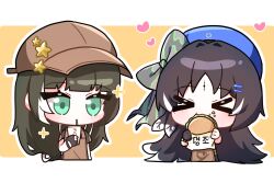 Rule 34 | &gt; &lt;, 2girls, apron, black gloves, black hair, blue beret, bow, brown hat, burger, character request, chibi, cup, disposable cup, drinking, eating, food, gloves, green eyes, hair bow, hair ornament, hairclip, hat, highres, long hair, multiple girls, pong2, tacet mark (wuthering waves), wuthering waves, yangyang (wuthering waves)