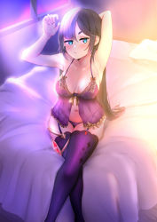 Rule 34 | 1girl, absurdres, armpits, arms behind head, arms up, asymmetrical bangs, babydoll, bare arms, bare shoulders, bed, bed sheet, bedroom, blue eyes, blush, breasts, cleavage, collarbone, crossed legs, dress, frilled dress, frills, from above, garter straps, genshin impact, gg080100, hair down, half-closed eyes, highres, lingerie, long hair, looking at viewer, medium breasts, mona (genshin impact), nail polish, navel, nightgown, on bed, open clothes, open dress, panties, pillow, purple dress, purple hair, purple panties, purple thighhighs, short dress, sitting, solo, stomach, sweatdrop, thighhighs, underwear, window