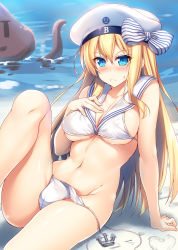 Rule 34 | &gt;:(, 1girl, alternate costume, arm support, beach, bikini, bismarck (kancolle), blonde hair, blue eyes, blush, breasts, cleavage, collarbone, cosplay, day, frown, groin, hair between eyes, hand on own chest, hat, heart, highres, kantai collection, knee up, large breasts, looking at viewer, midriff, navel, outdoors, raiou, revision, sailor bikini, sailor collar, sand, sand writing, sideboob, sitting, sweatdrop, swimsuit, thighs, underboob, untied bikini, v-shaped eyebrows, water, white bikini, white hat, z3 max schultz (kancolle), z3 max schultz (kancolle) (cosplay)