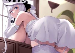Rule 34 | 1girl, azur lane, bare shoulders, blue eyes, breasts, dress, elbow gloves, garter straps, gloves, hat, highres, illustrious (azur lane), large breasts, large hat, long hair, looking at viewer, looking back, mole, mole under eye, parted lips, smile, solo, thighhighs, thighs, wee (weeyy), white dress, white garter straps, white gloves, white hair, white hat, white thighhighs