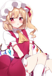 Rule 34 | 1girl, ascot, blonde hair, blush, crystal, flandre scarlet, frilled skirt, frills, hat, highres, mob cap, open mouth, pointy ears, puffy short sleeves, puffy sleeves, red eyes, red skirt, shinonome asu, short sleeves, side ponytail, skirt, smile, solo, touhou, white background, white hat, wings, yellow ascot